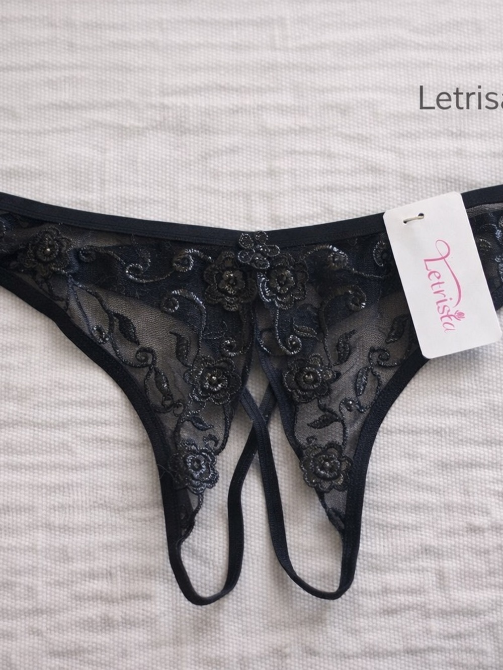 Letrisa Black Lace Strappy Thong Panty Sheer Floral New